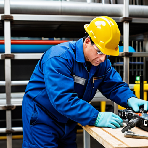 A focused professional gas technician, wearing a clean, standard work uniform with safety shoes, protective gloves, and a hard hat, meticulously inspecting a gas pipe connection in a well-lit industrial training facility. On a nearby workbench, various tools like wrenches and a multimeter are neatly arranged. The technician's hands are visible, demonstrating careful and precise movements. Perfect anatomy, correct proportions, natural pose, well-formed hands, proper finger count, natural body proportions, safe for work, appropriate content, fully clothed, professional dress, high quality, professional photography, realistic.