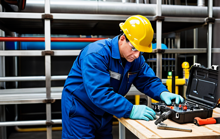 A focused professional gas technician, wearing a clean, standard work uniform with safety shoes, protective gloves, and a hard hat, meticulously inspecting a gas pipe connection in a well-lit industrial training facility. On a nearby workbench, various tools like wrenches and a multimeter are neatly arranged. The technician's hands are visible, demonstrating careful and precise movements. Perfect anatomy, correct proportions, natural pose, well-formed hands, proper finger count, natural body proportions, safe for work, appropriate content, fully clothed, professional dress, high quality, professional photography, realistic.