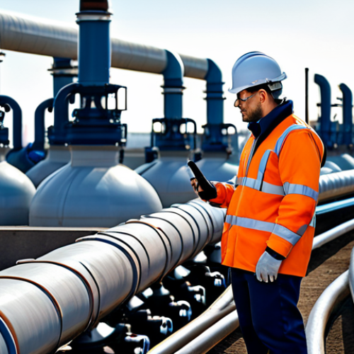 가스 자격증으로 대기업 취업 성공 사례 - A professional engineer in a fully clothed, modest jumpsuit, inspecting gas pipelines in a modern ur...