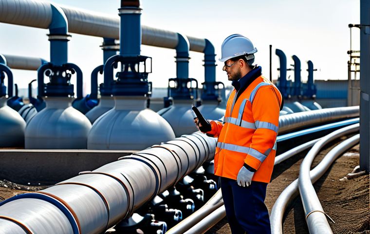 가스 자격증으로 대기업 취업 성공 사례 - A professional engineer in a fully clothed, modest jumpsuit, inspecting gas pipelines in a modern ur...