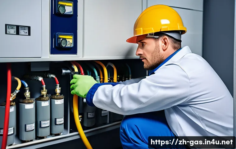 가스 자격증 초보자의 실수 예방법 - **Prompt:** A highly detailed, realistic image of a professional male gas technician, wearing a clea...