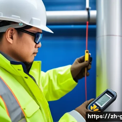 가스 설비 설치 실무 체험기 - A skilled technician wearing protective workwear and safety glasses carefully measuring a complex ga...
