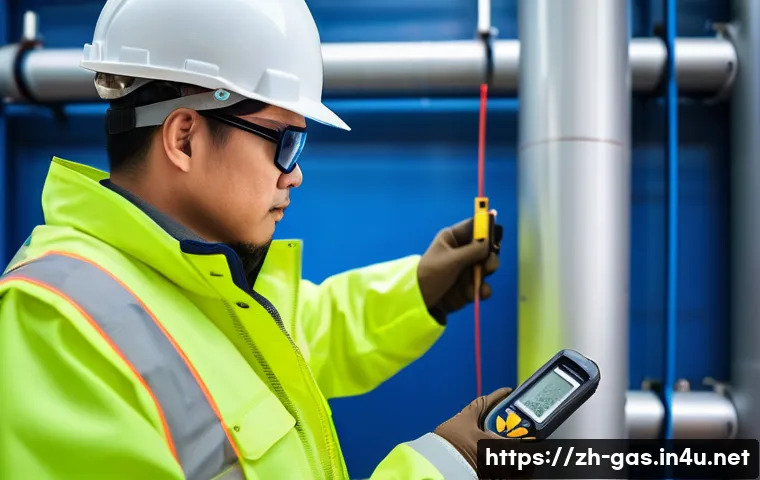 가스 설비 설치 실무 체험기 - A skilled technician wearing protective workwear and safety glasses carefully measuring a complex ga...
