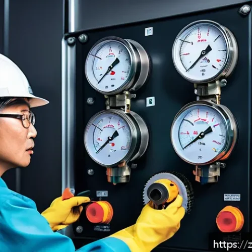 가스 안전관리자 실무 경험담 - A detailed scene of a professional gas safety inspector wearing protective workwear and safety glove...