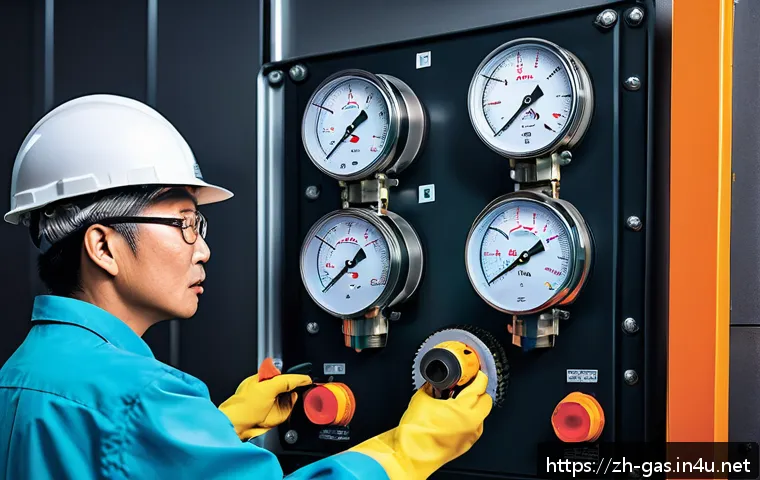 가스 안전관리자 실무 경험담 - A detailed scene of a professional gas safety inspector wearing protective workwear and safety glove...