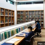 가스 자격증 공부에 적합한 장소 추천 - A modern library study room in a Chinese city, featuring rows of neatly arranged fixed desks with co...