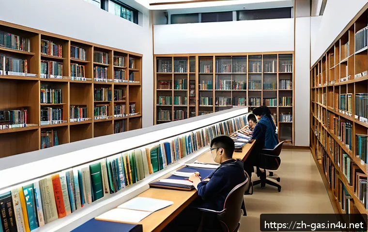 가스 자격증 공부에 적합한 장소 추천 - A modern library study room in a Chinese city, featuring rows of neatly arranged fixed desks with co...